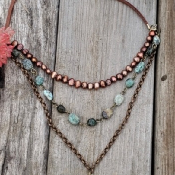 GENUINE TURQOISE AND PEARL Tibetian Pendant 20" on Leather Necklace HANDMADE - Picture 4 of 5